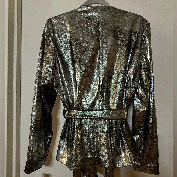 NWT Donna Karan Belted Metallic Silver Women's Flyaway Jacket - Picture 5 of 10